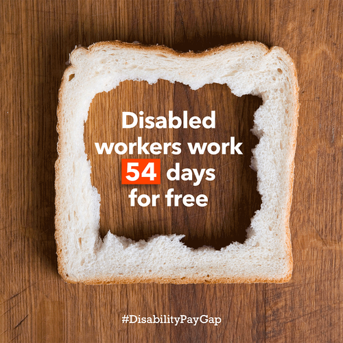 Slice of white bread with middle torn out on a wooden table. Text in this middle says disabled workers work 54 days for free. 