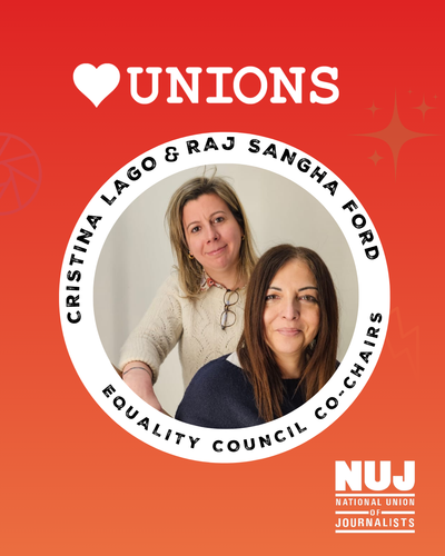 Cristina and Raj are pictured in the centre of graphic. Their names and text NUJ Equality council co-chairs is in black against white background. Heart unions logo at top of graphic on red background.