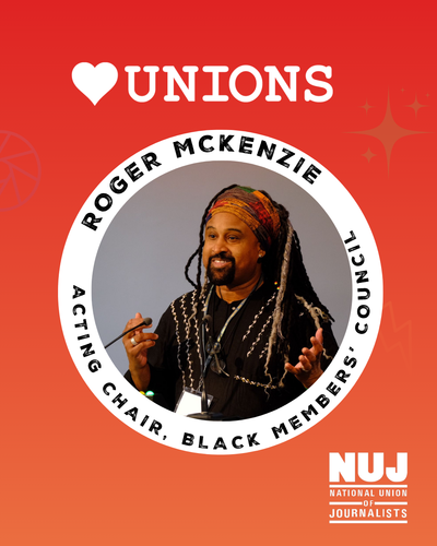 Roger is pictured in the centre of the graphic. His name and text Acting chair, Black members' council is in black against white background. Heart unions logo at top of graphic on red background.