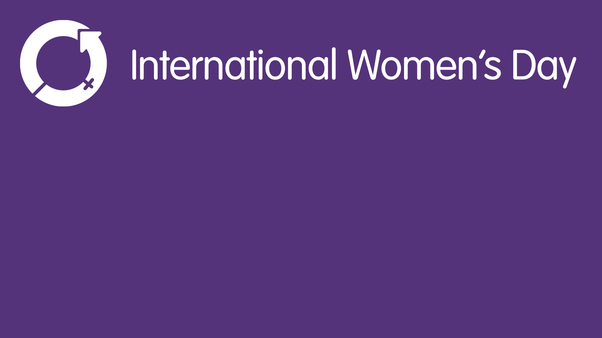 Purple zoom background with text  international women's day in white. Logo in top left hand corner